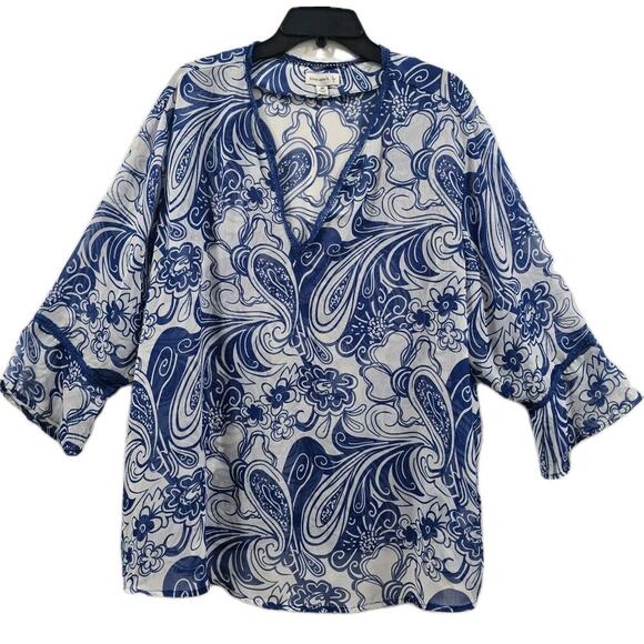Susan Graver Women's Top Size 3X Blue White Paisley Floral Print V-Neck Vacation - Picture 1 of 9